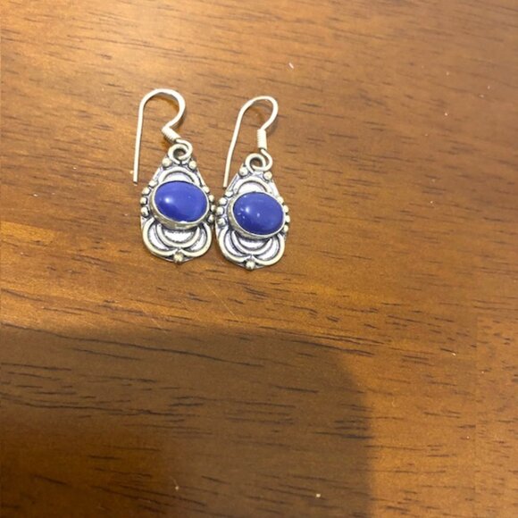 Silver Tone Blue Oval Stone Drop Earrings - Picture 6 of 9